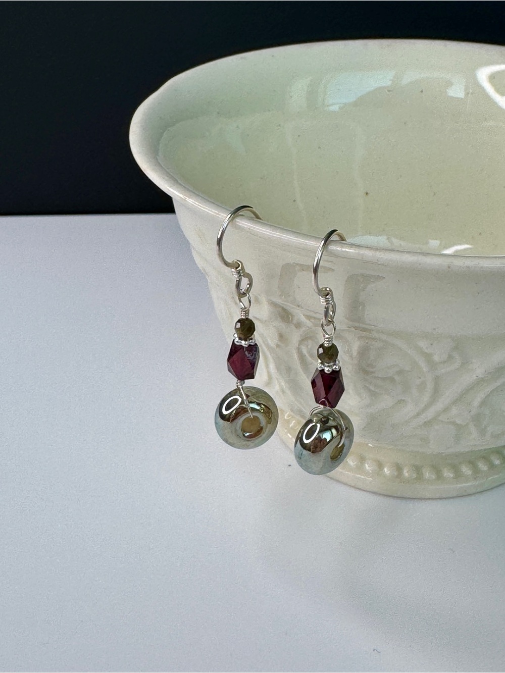 Hand Crafted Garnet and Gold Glass Drop Earrings- Sterling Silver